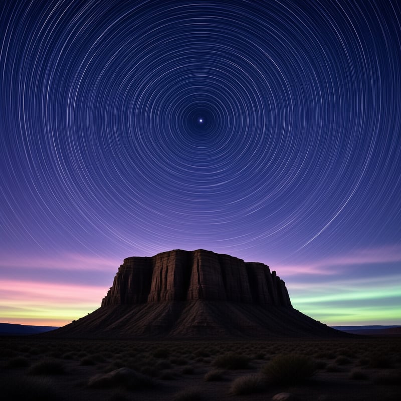 Concentric star trails circle a polar star above the dark silhouette of a sandstone butte in violet twilight.