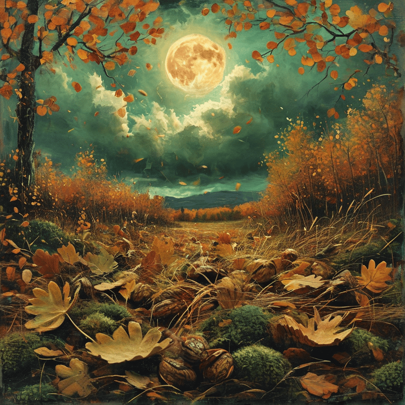 An oil-textured autumn wood at dusk, with nuts and gold leaves heaped on moss beneath a glowing moon and teal clouds.