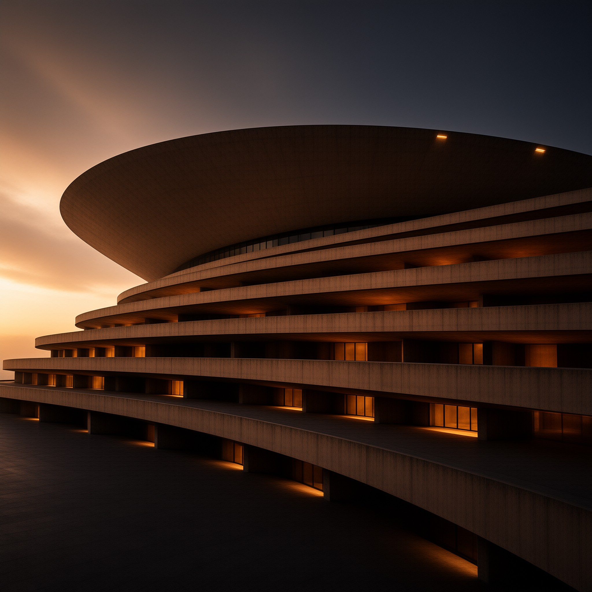 A sweeping modern building of stacked concrete rings and a broad cantilevered roof glows with warm interior light at dusk.