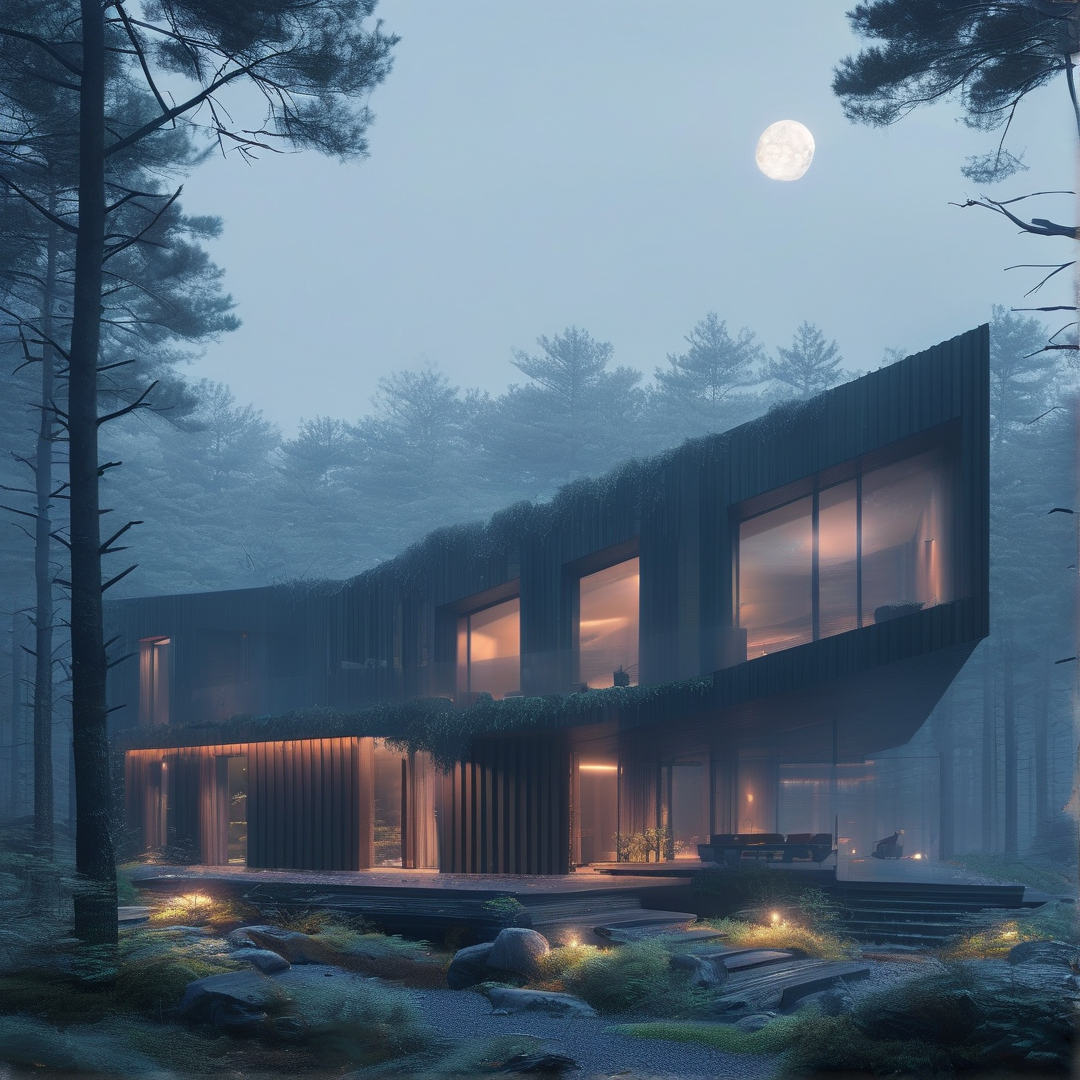 Timber House in Misty Forest