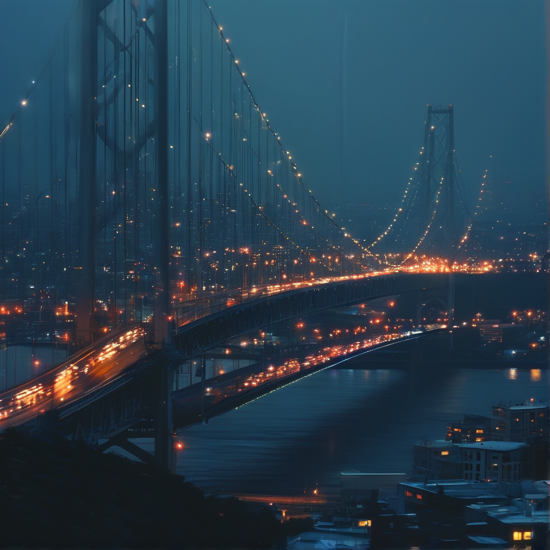 A massive suspension bridge spans dark water at night, illuminated by orange traffic trails and blue city lights.