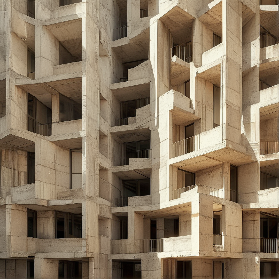 Sunlight illuminates a beige concrete facade with recurring balconies and sharp geometric shadows across the structure.