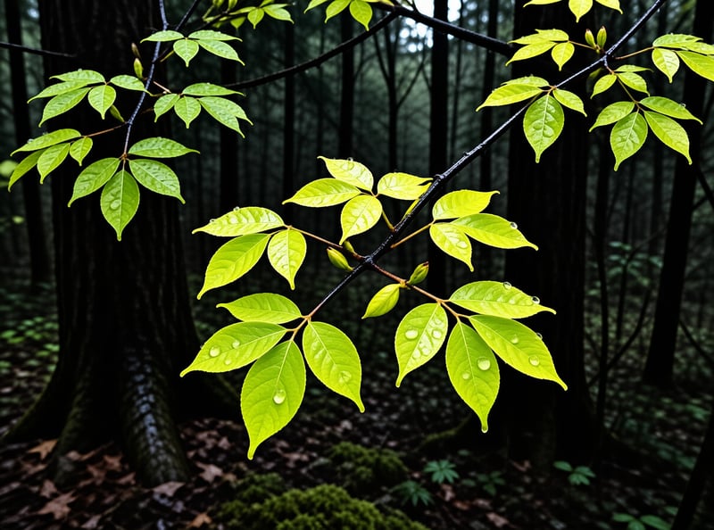 Bright green leaves beaded with raindrops hang against a dim forest of tall dark tree trunks