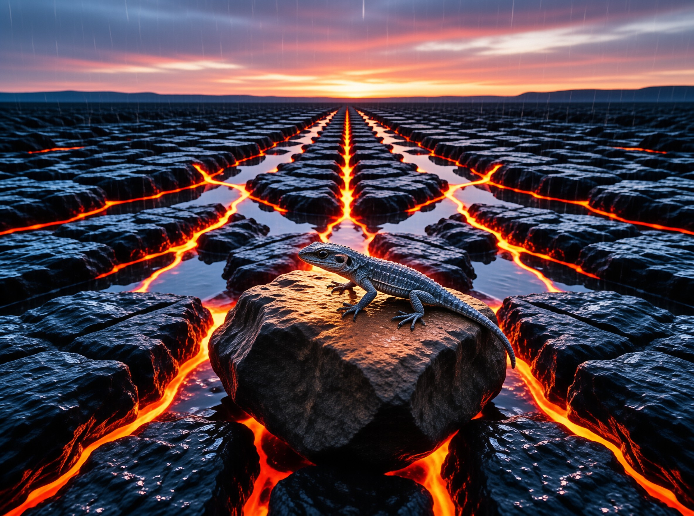 A small grey lizard sits on a dark rock surrounded by channels of bright orange lava under a colorful twilight sky