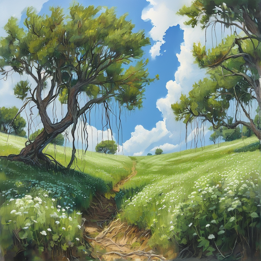 Sunlit landscape with two large trees, grassy hill path, white wildflowers, and blue sky with fluffy clouds