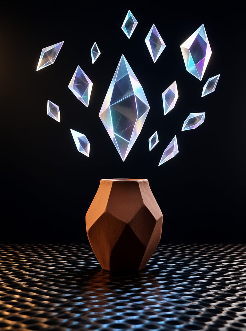 A brown faceted vessel sits on a perforated surface while glowing crystal shards float above in the dark.