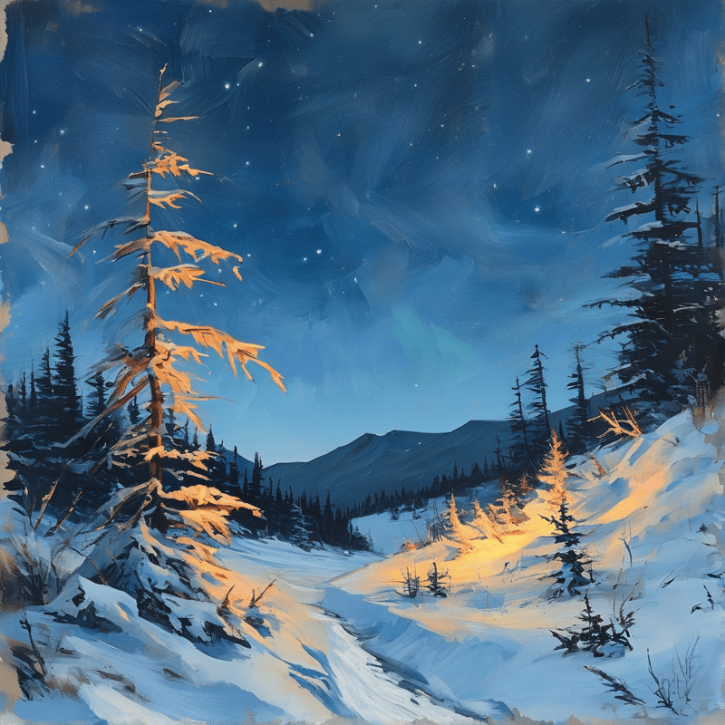 A tall snow-covered pine tree stands illuminated in a blue winter landscape with a starry sky and distant mountains.