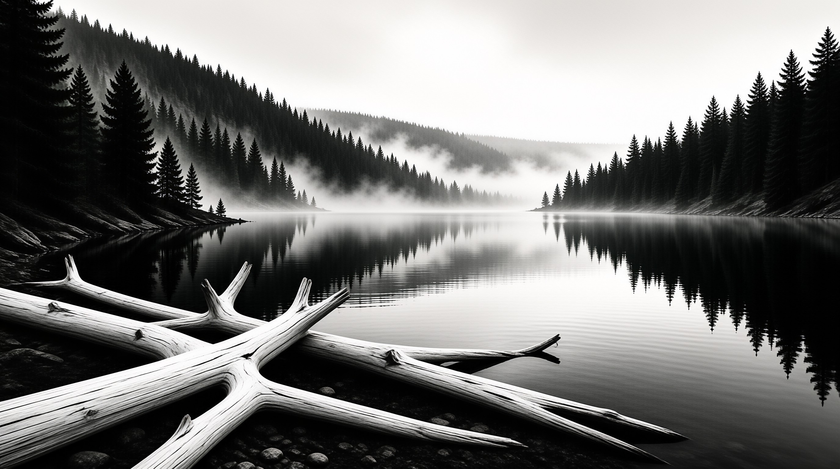 Bleached fallen trunks lie at the edge of a glassy alpine lake ringed by dark pines and drifting fog in monochrome.
