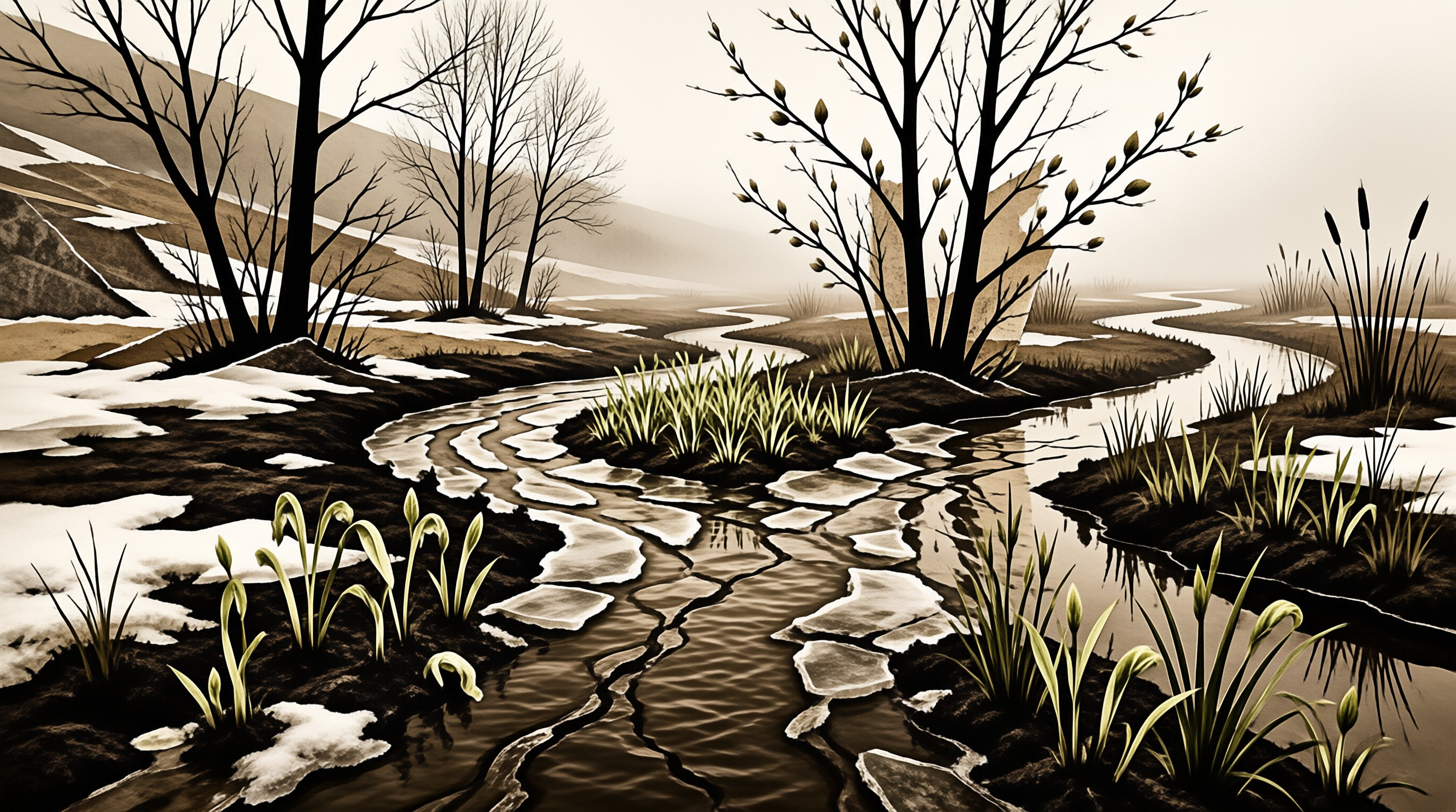 A meandering stream winds through a snowy valley as bare trees and fresh shoots signal spring in sepia tones.