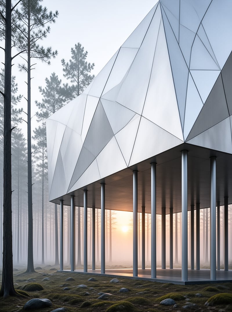 A modern angular building with a faceted white roof stands on pillars within a foggy woodland at sunrise.