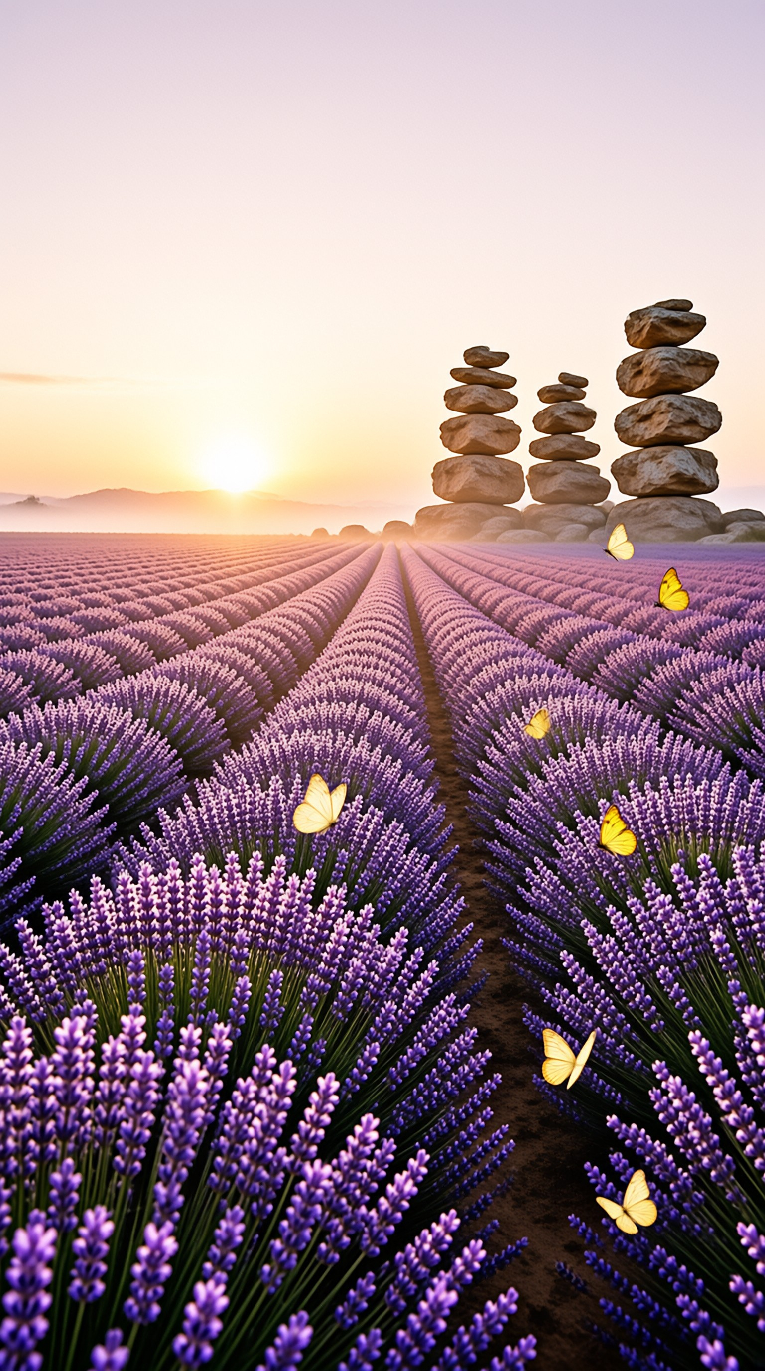 Rows of purple lavender flowers stretch towards a horizon where large balanced stones stand in warm sunlight.