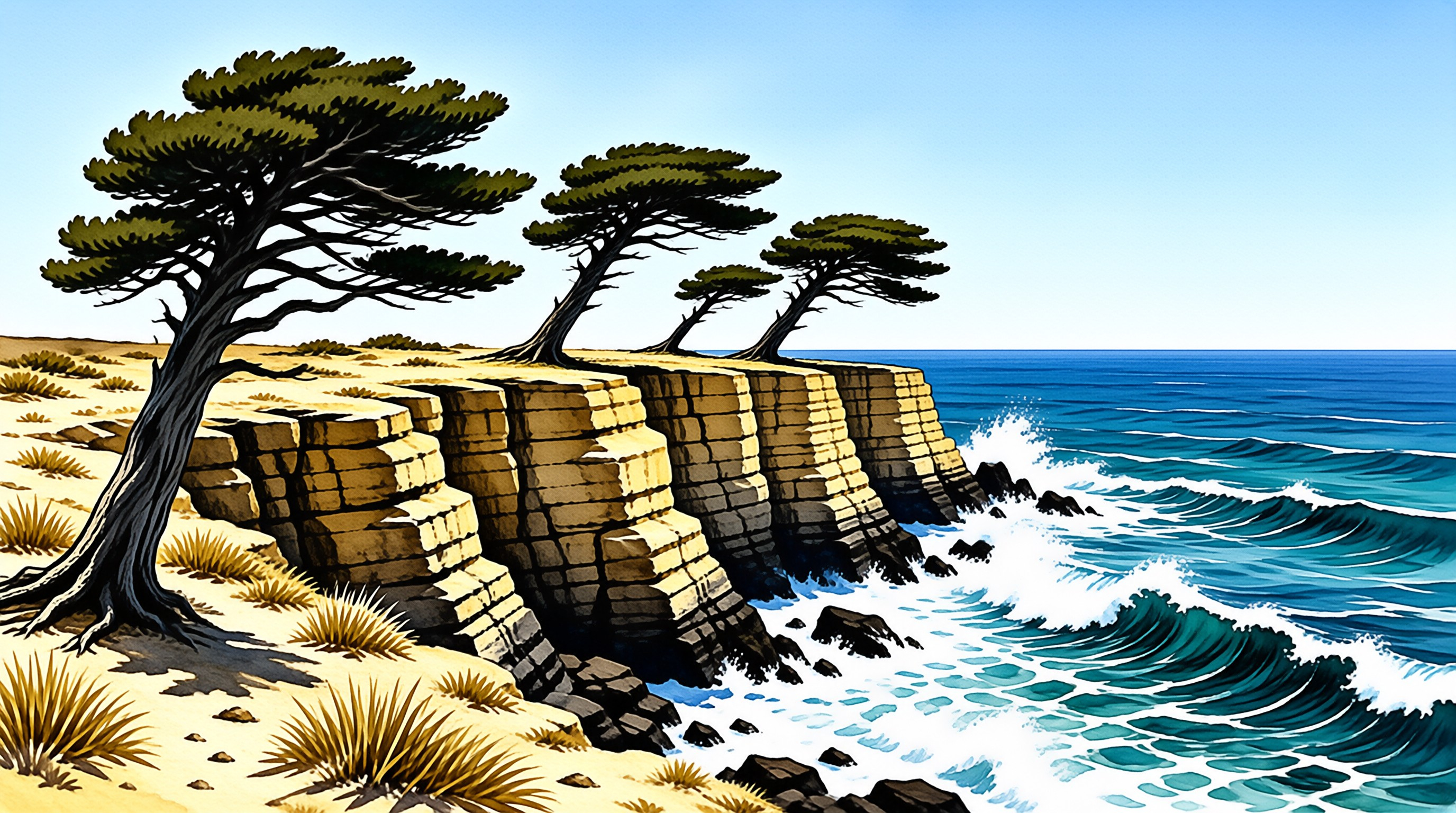 Lean pine trees crown tan sandstone cliffs above turquoise waves breaking under a clear blue sky