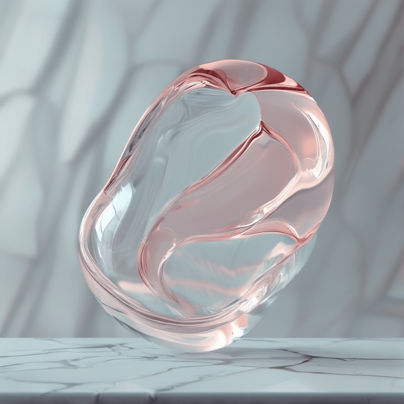 A translucent rose gold glass shape sits on a white marble surface with soft reflections.