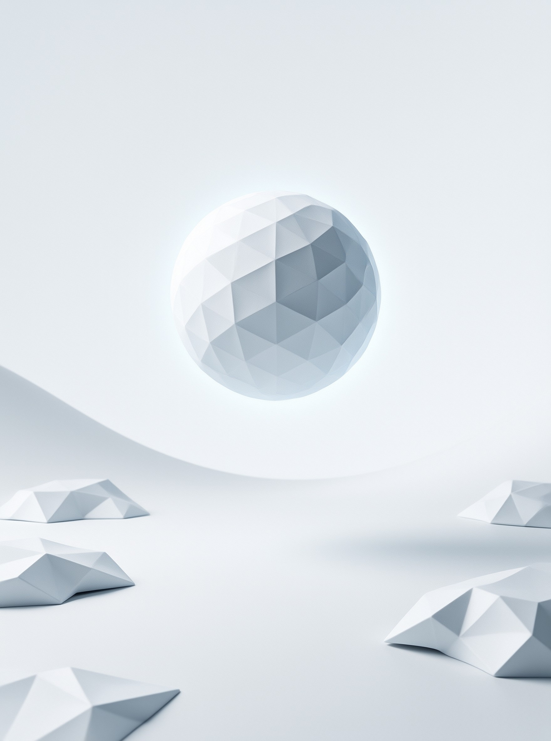 A large low polygon sphere floats centrally above scattered rocks on a smooth white surface with soft lighting.