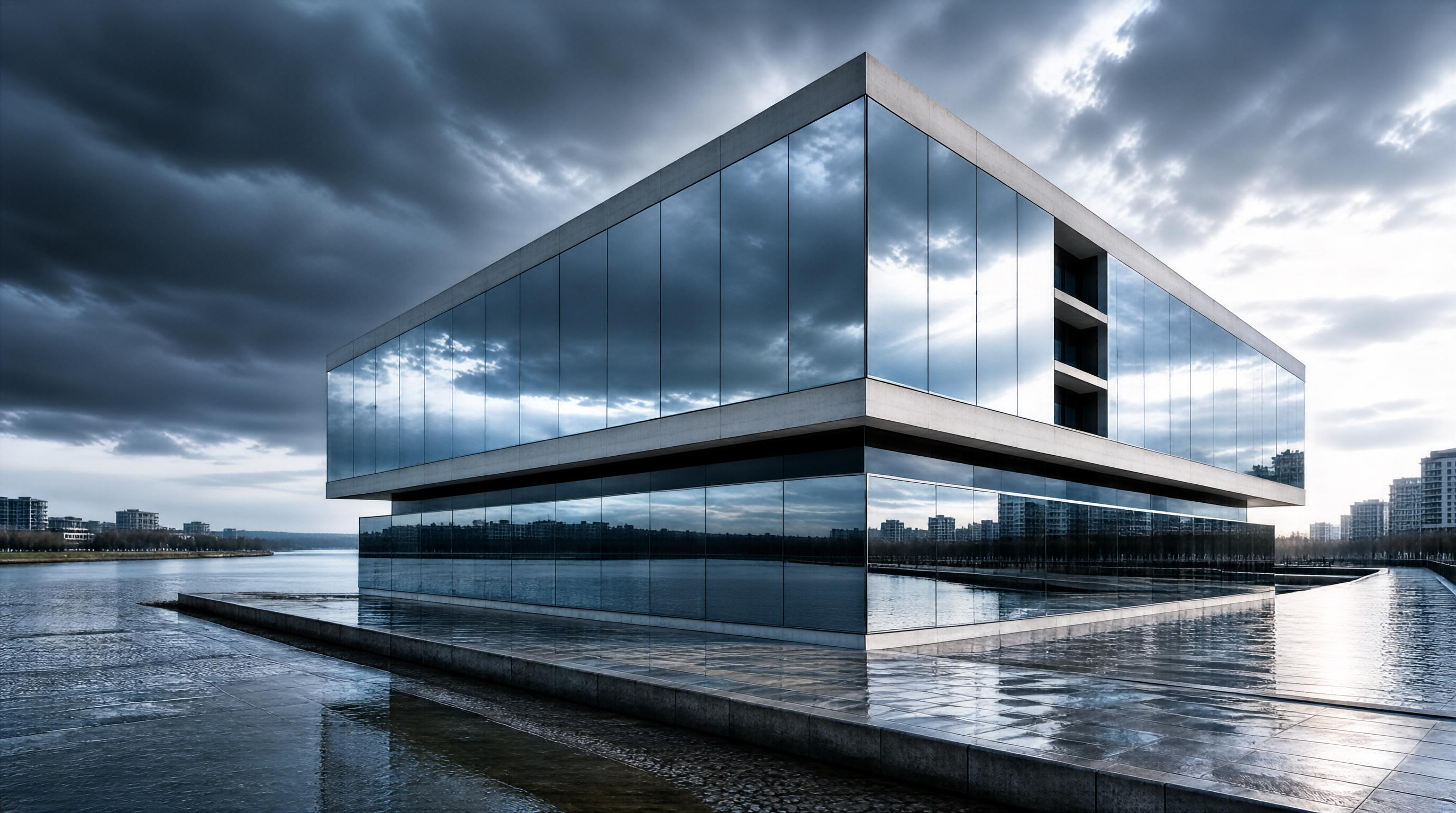 Modern Glass Building by Water