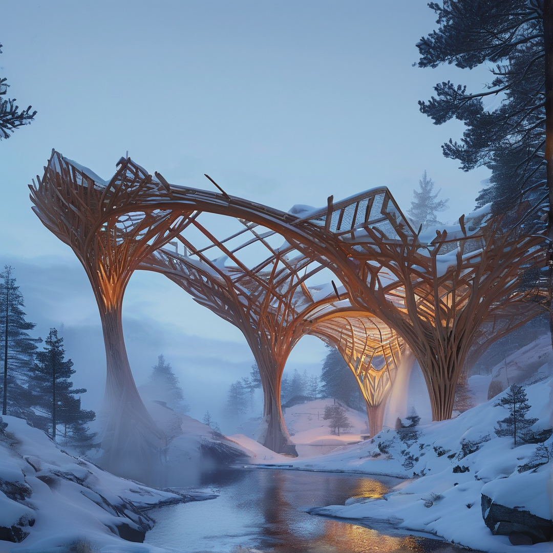 A warm glowing wooden lattice structure crosses a calm river surrounded by snowy pines during the blue hour.