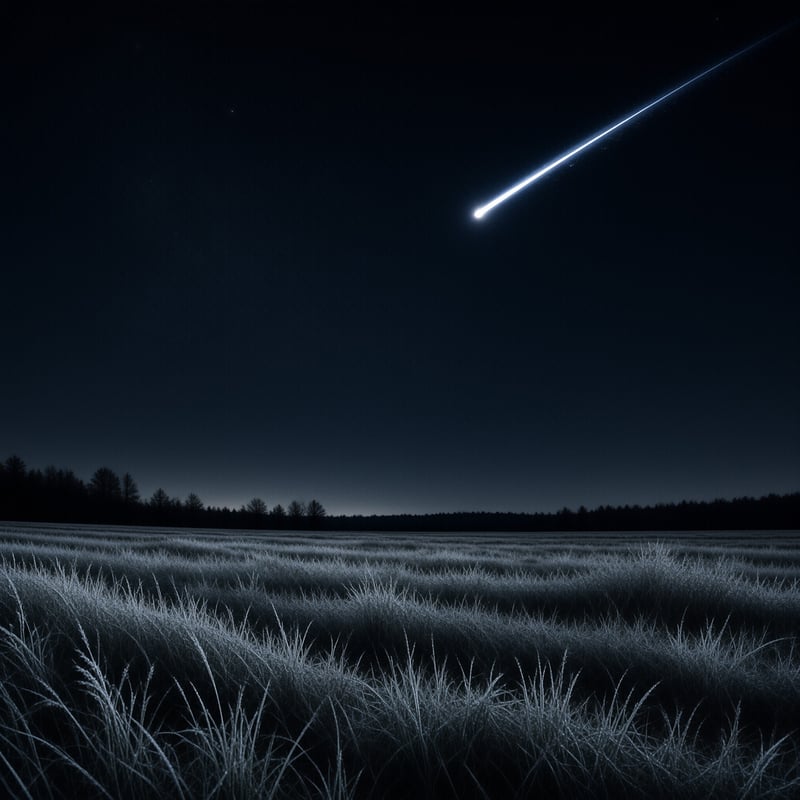 A bright shooting star trails across a dark night sky above a silvery grassy meadow.