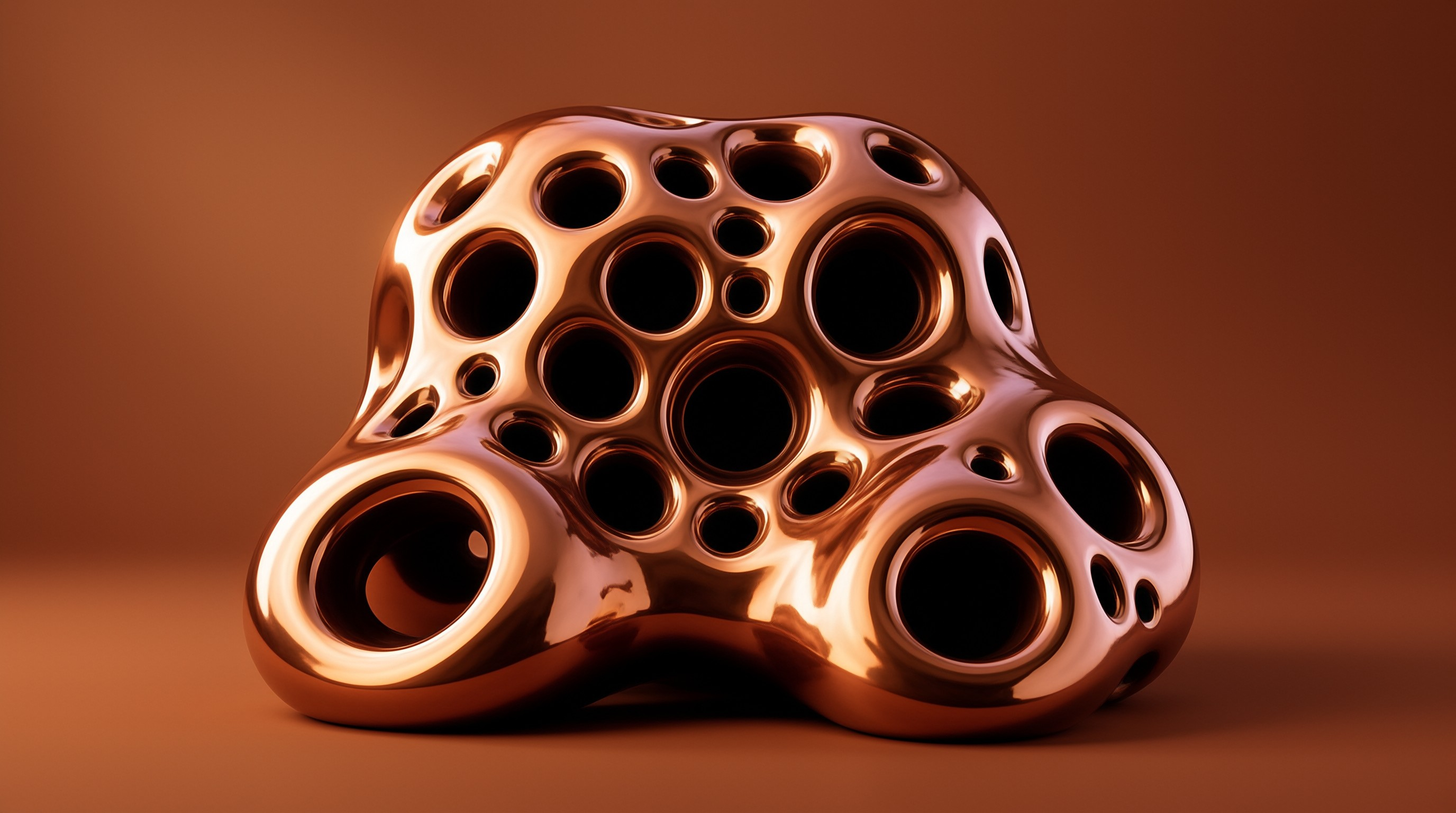 A highly reflective copper object featuring multiple dark holes rests on a smooth brown surface.