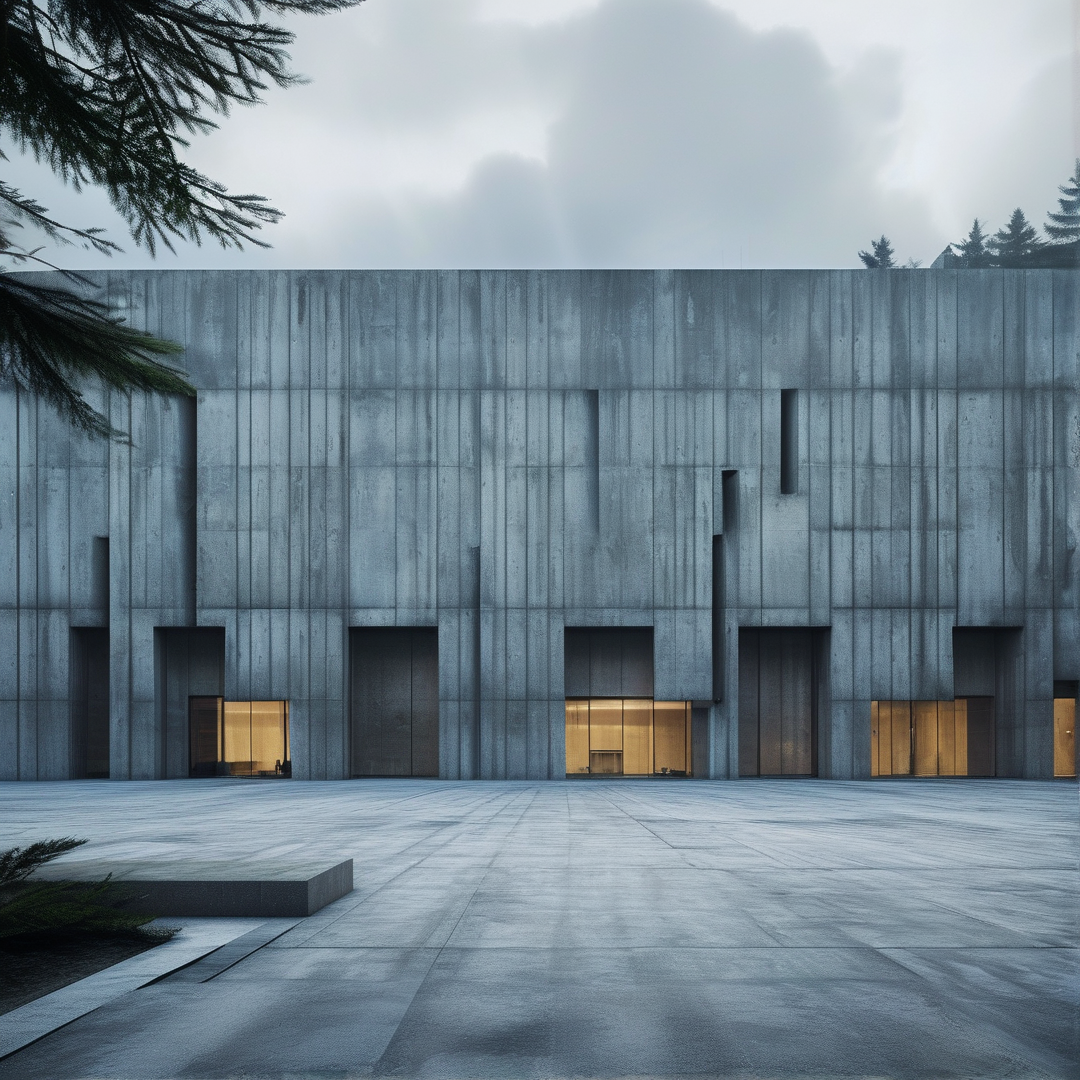 A large concrete structure features vertical lines and warm interior light contrasting against a cool grey exterior.