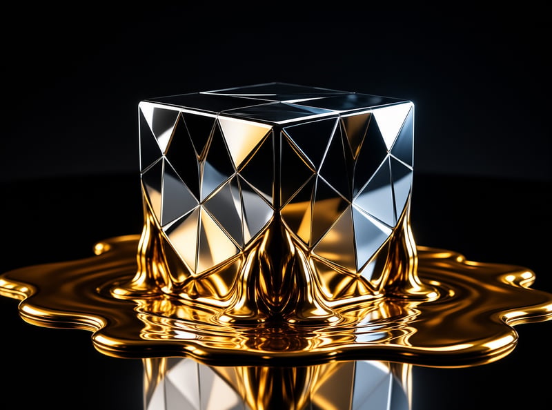 A metallic faceted cube is shown melting into a reflective pool of liquid gold against a dark background.