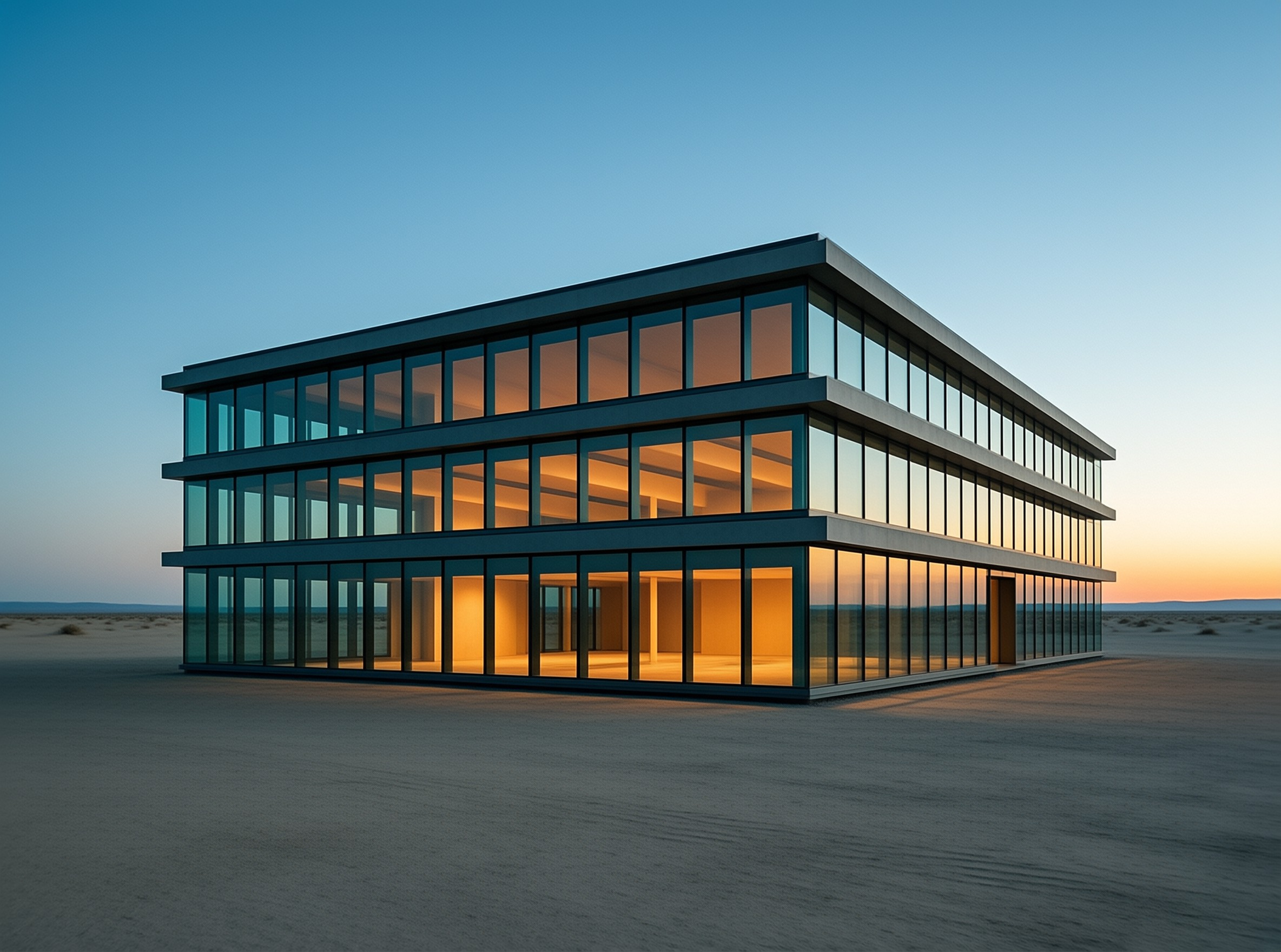 A rectangular glass building stands alone on flat desert ground with warm interior light at sunset.