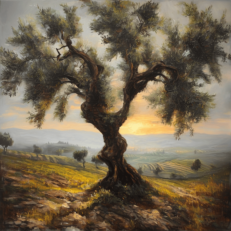A gnarled olive tree with twisted branches stands on a grassy slope overlooking misty terraced fields in golden sunset light.
