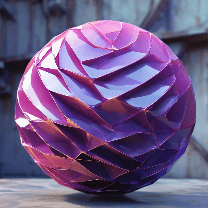 A glossy ball of folded pink and violet facets sits on a concrete floor before a blurred industrial backdrop.