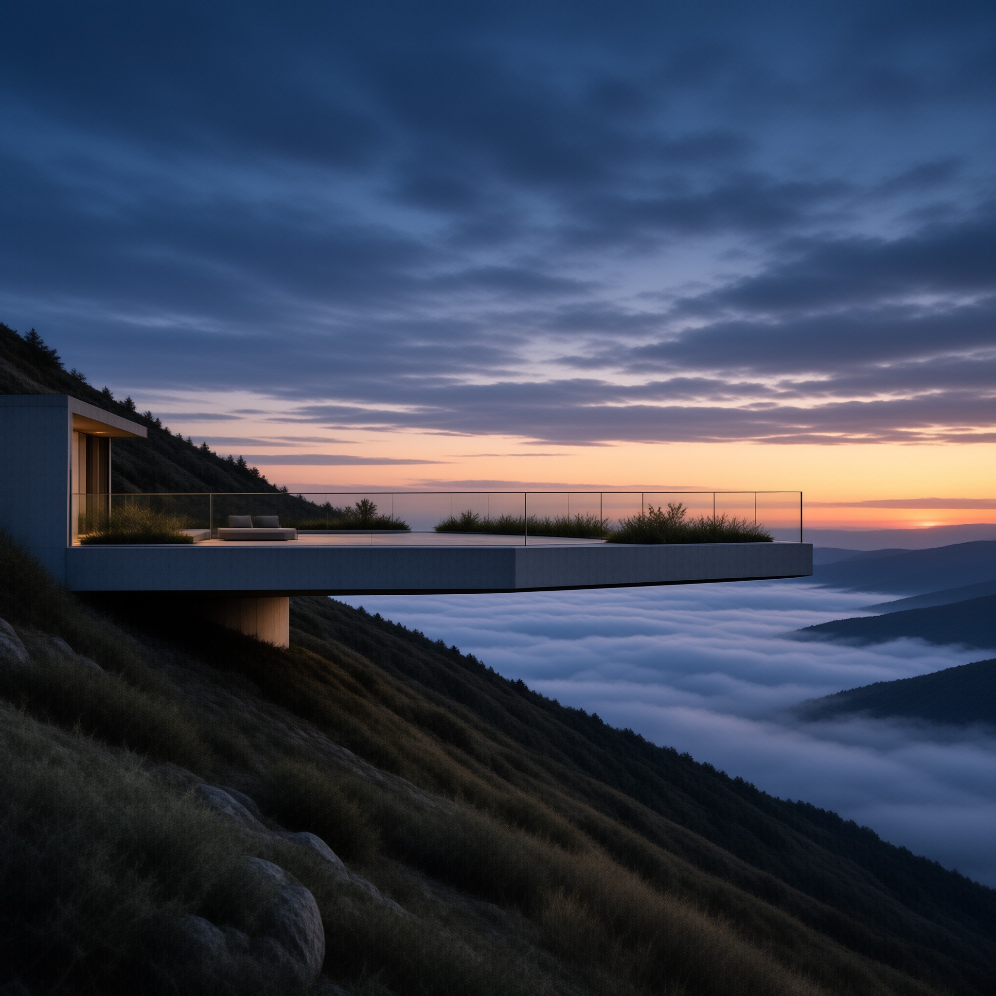 A minimalist white cantilevered platform with glass railings and outdoor seating rests on a grassy hillside overlooking a thick layer of clouds during a colorful twilight sky