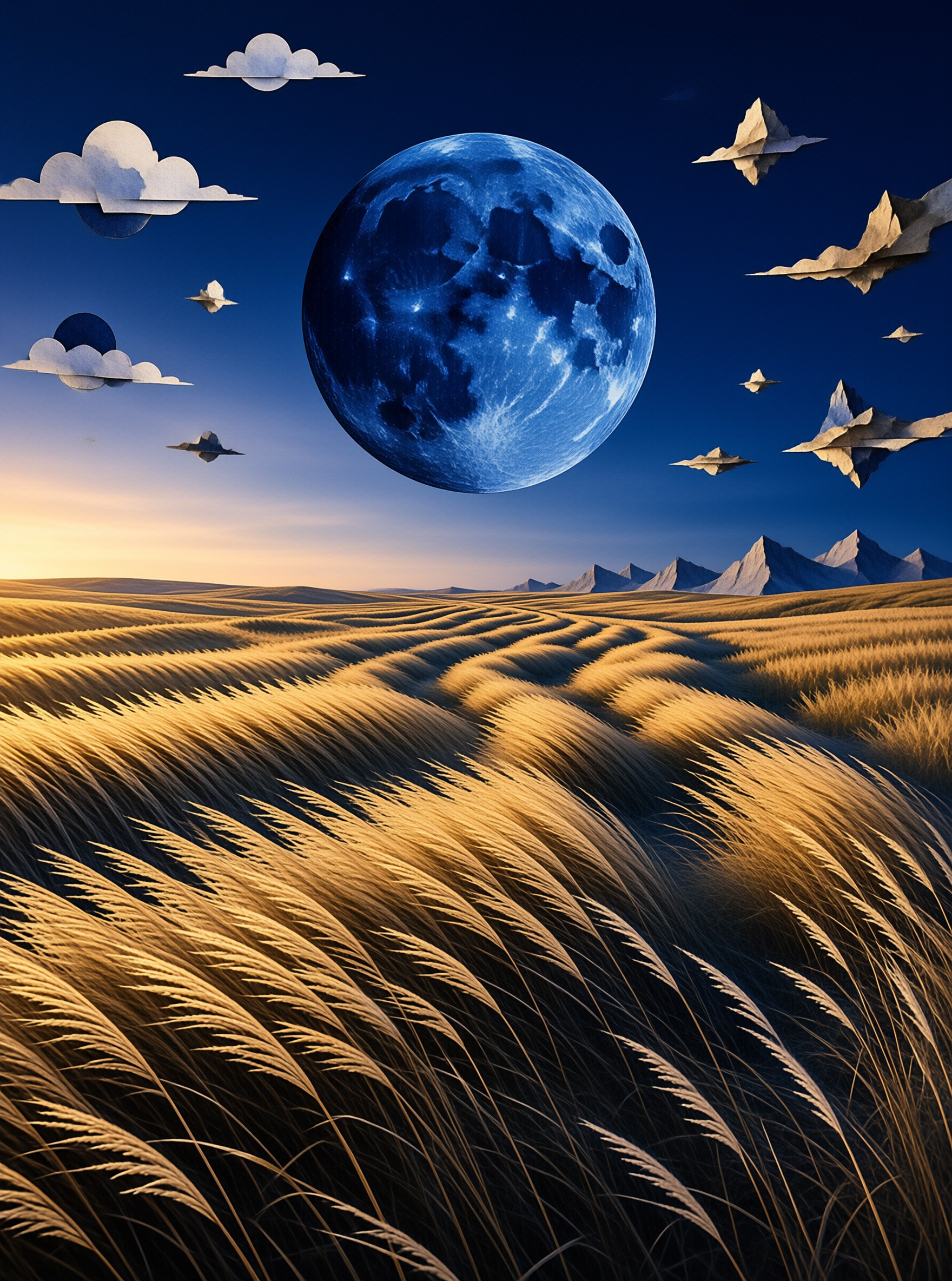 A giant blue planet hangs above a golden wheat field with floating geometric clouds and distant mountain peaks.