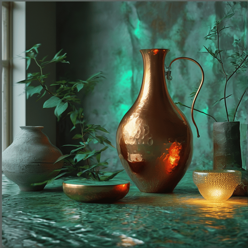 Hammered copper pitcher sits on a wet stone table with ceramic vases, foliage, and glowing lamps, lit by teal ambient light.