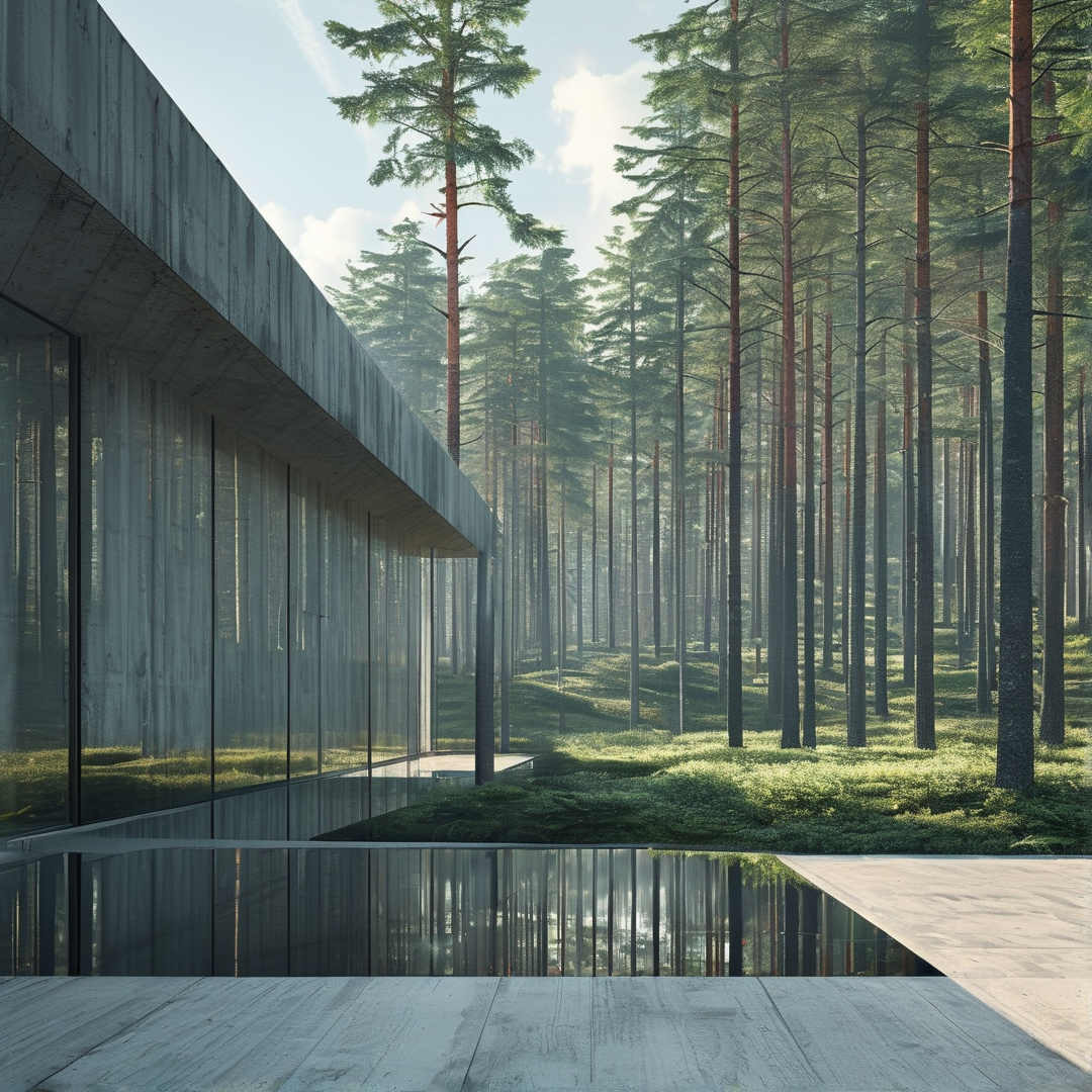 Minimalist concrete architecture with glass walls meets a tall foggy pine forest with reflections in a foreground pool.
