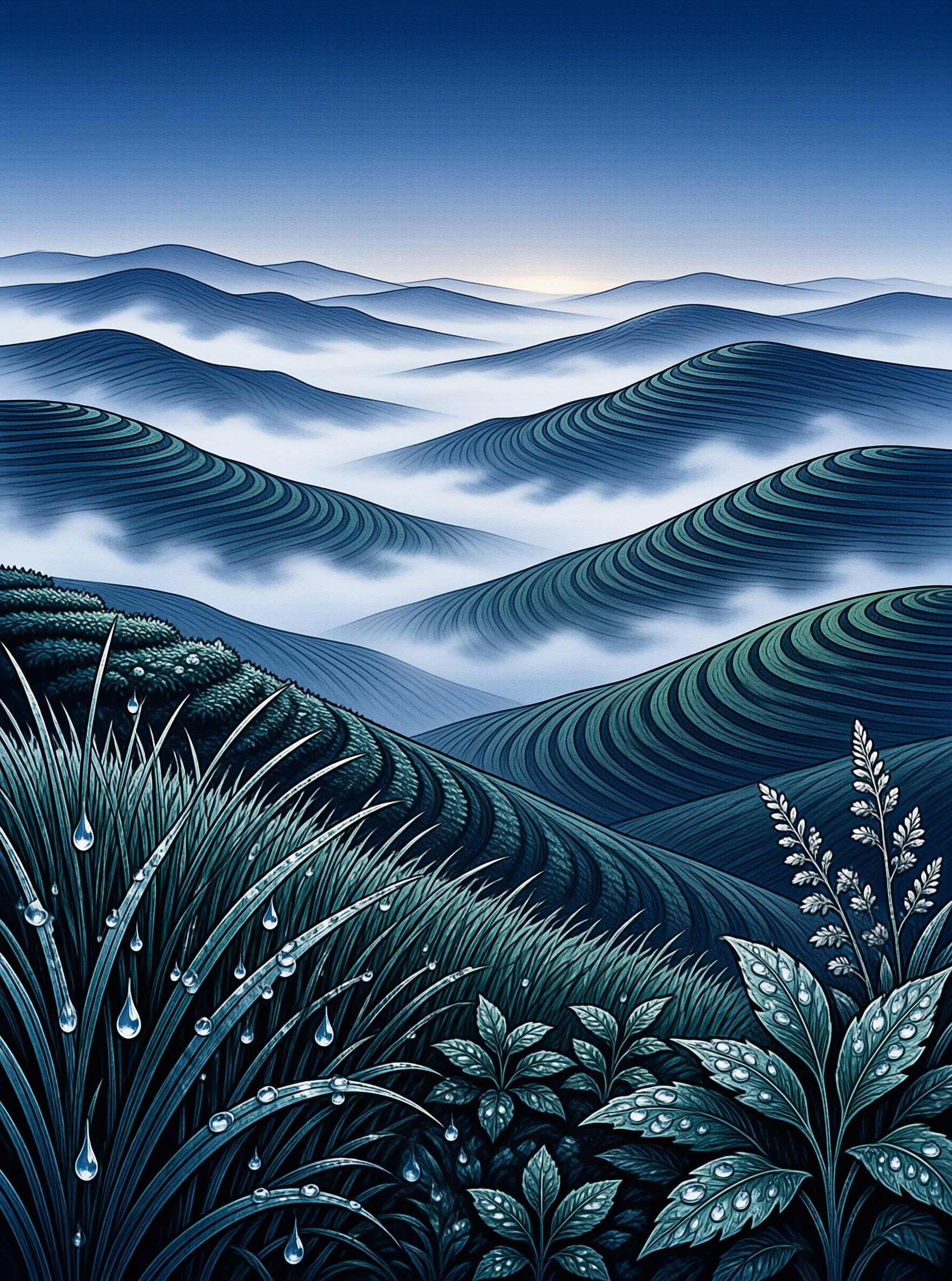 Blue illustrative landscape of rolling hills with contour lines and dewy grass in the foreground under a misty sky.