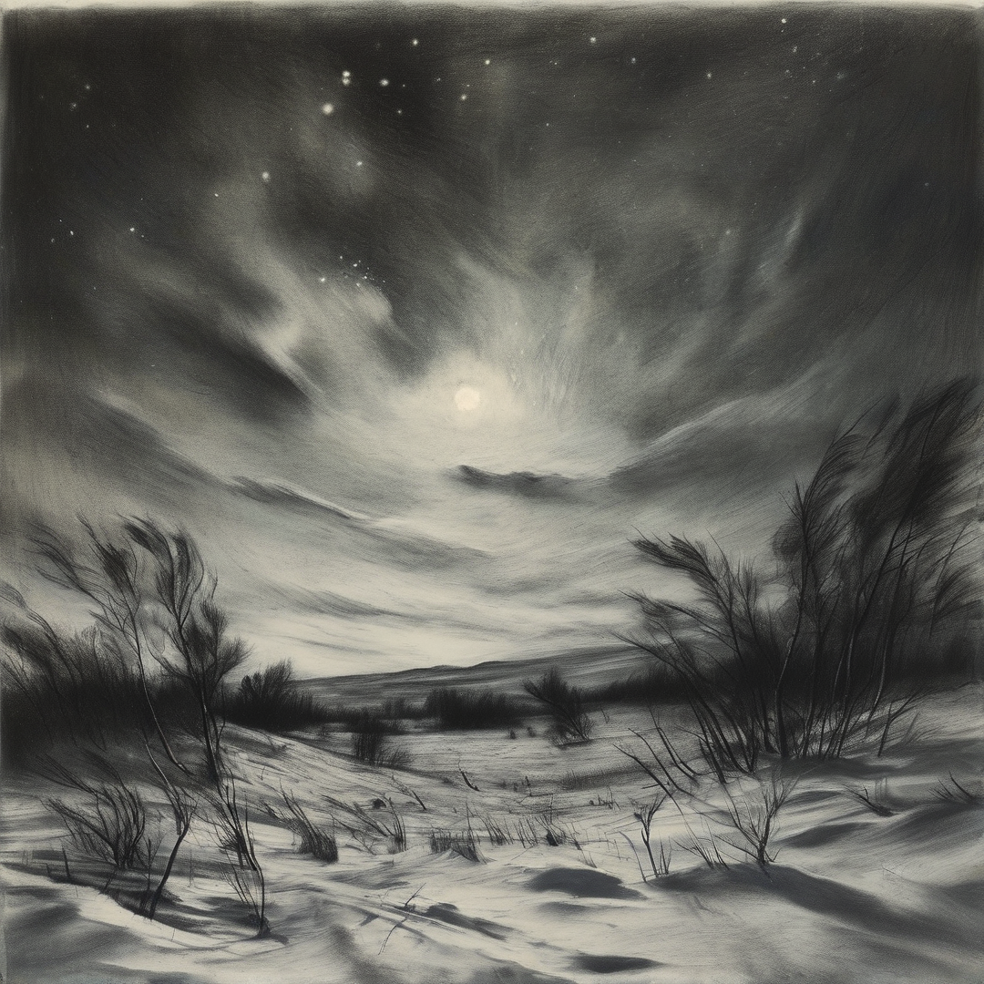 Leafless shrubs bend in strong wind across a snow covered valley on a dark cloudy night with a faint glowing moon above