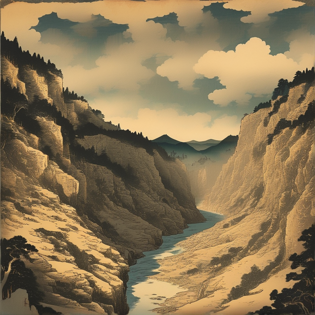 A stylized retro illustration of a winding river through a deep gorge flanked by forested cliffs under cream clouds.