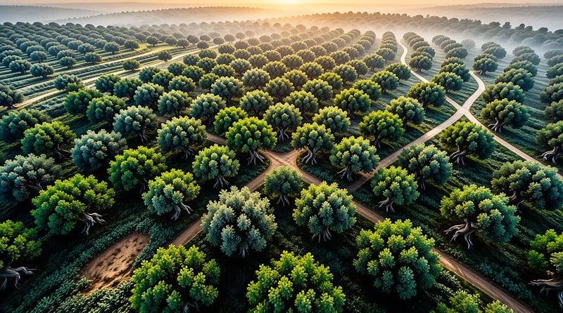 A neatly arranged orchard of evenly spaced trees has intersecting dirt paths cutting through it, with warm dawn light glowing over mist-covered distant hills.