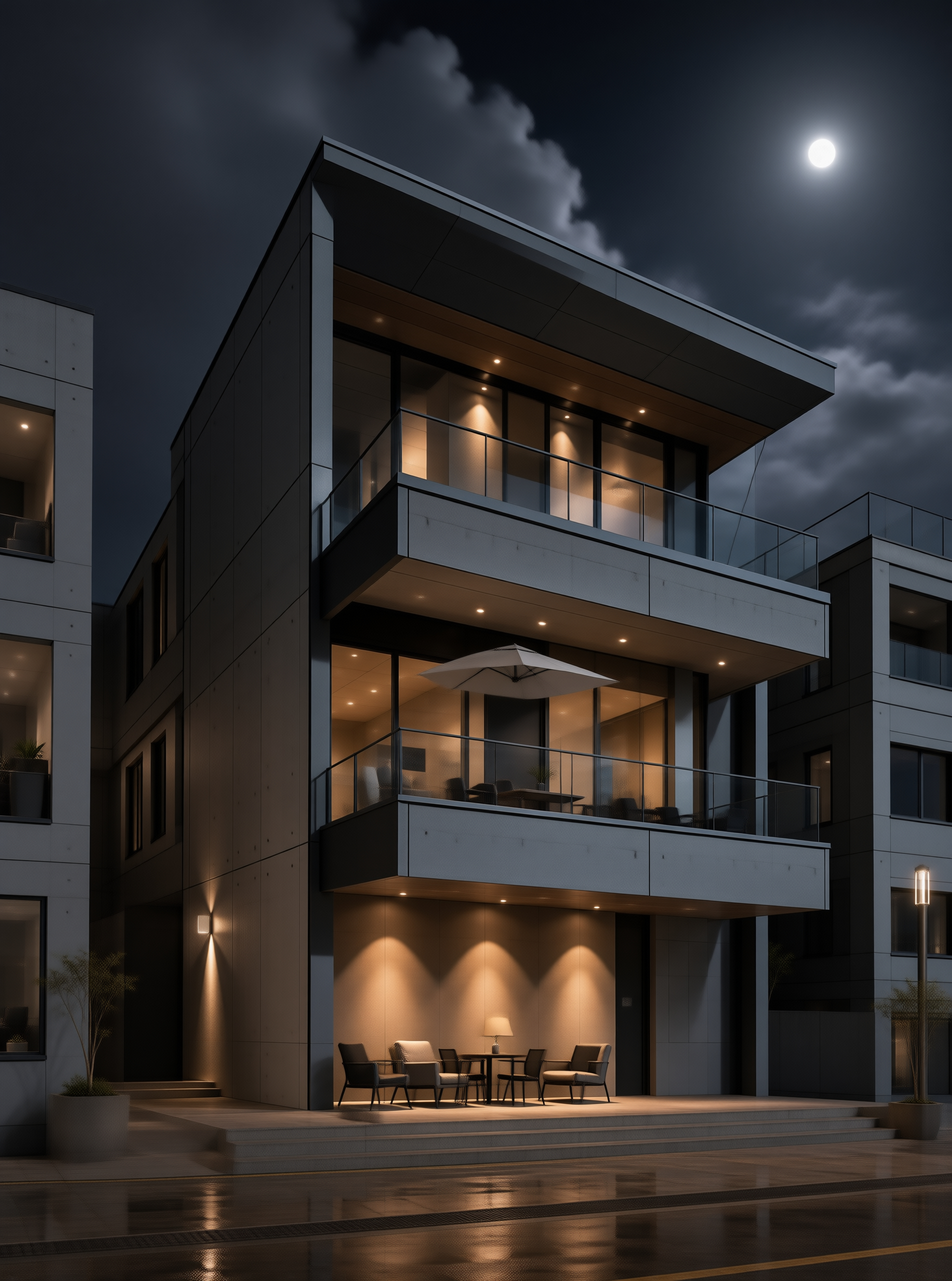 Balconed Residence in Moonlit Night