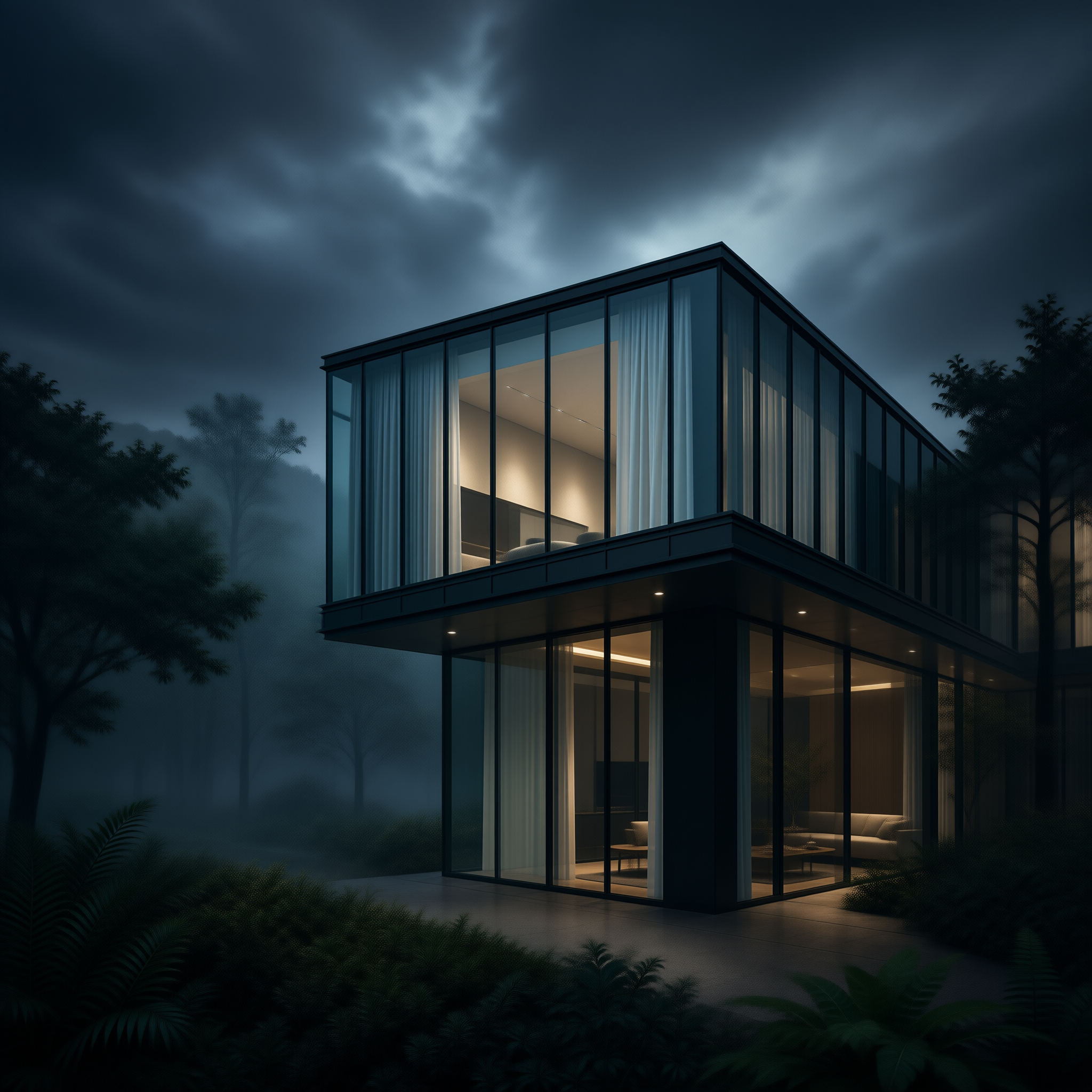 Modern Glass House at Night