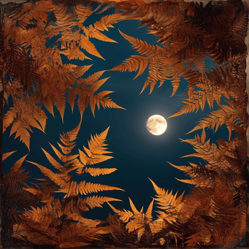 The full moon glows in the dark blue sky surrounded by a natural border of golden brown fern fronds.