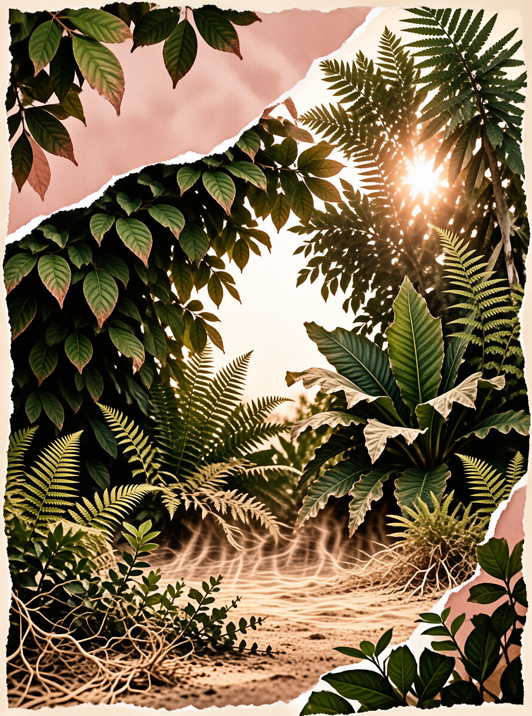 Golden sunlight filters through dense green foliage and ferns bordering a sandy forest path with exposed white roots.