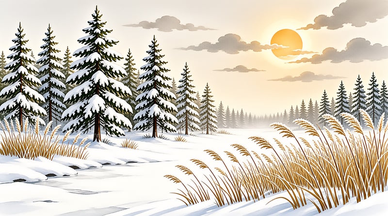 Tall evergreens laden with snow stand beside dry grass while a bright orange sun sets behind distant misty woods.