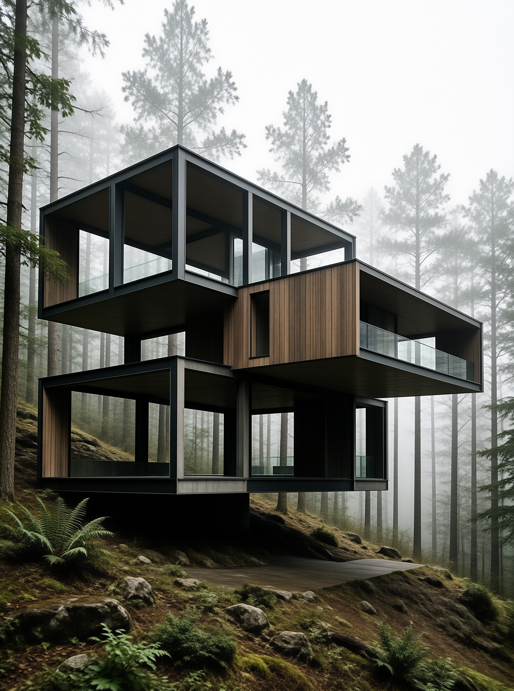 A multi-level geometric building with wood cladding and large windows sits on a mossy slope surrounded by foggy pine trees.
