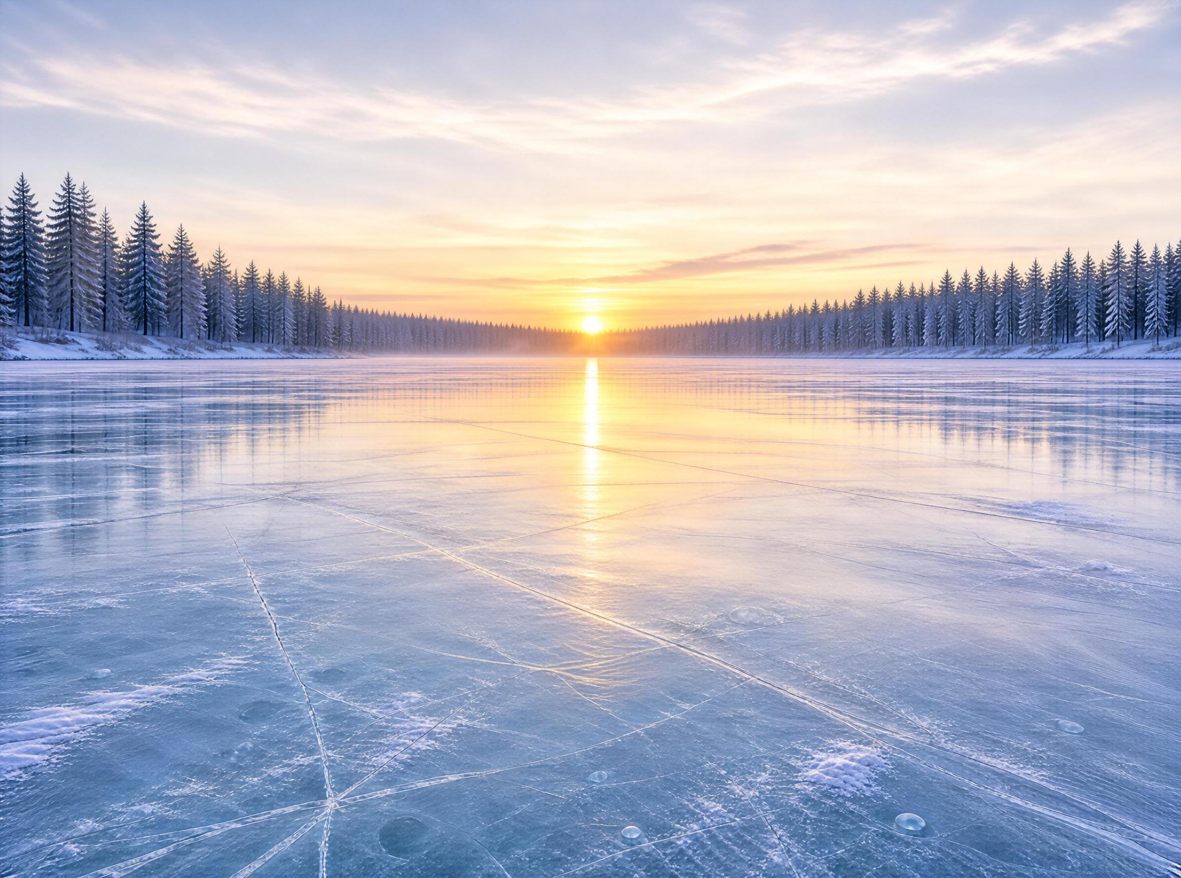 Winter Sunset Over Frozen Lake