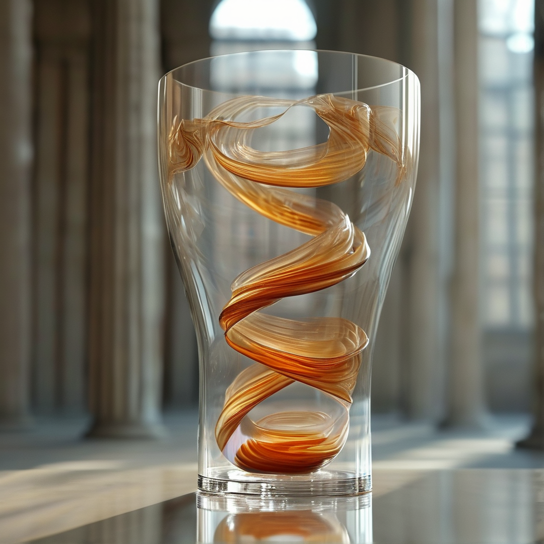 A clear glass vessel holds a swirling amber form while soft light filters through a background of blurred columns.