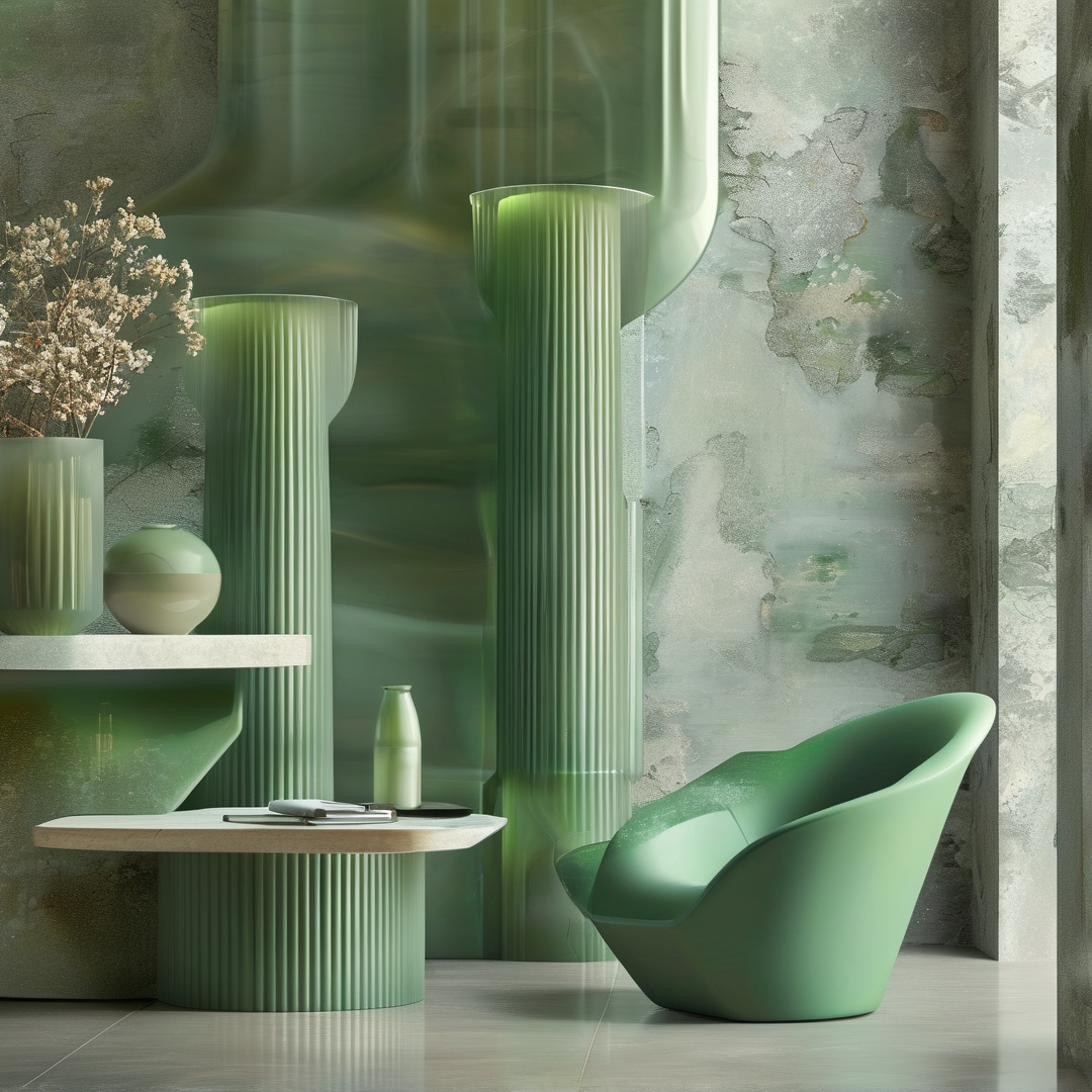 A minimalist interior space with a curved green chair and tall fluted columns beside a textured wall.