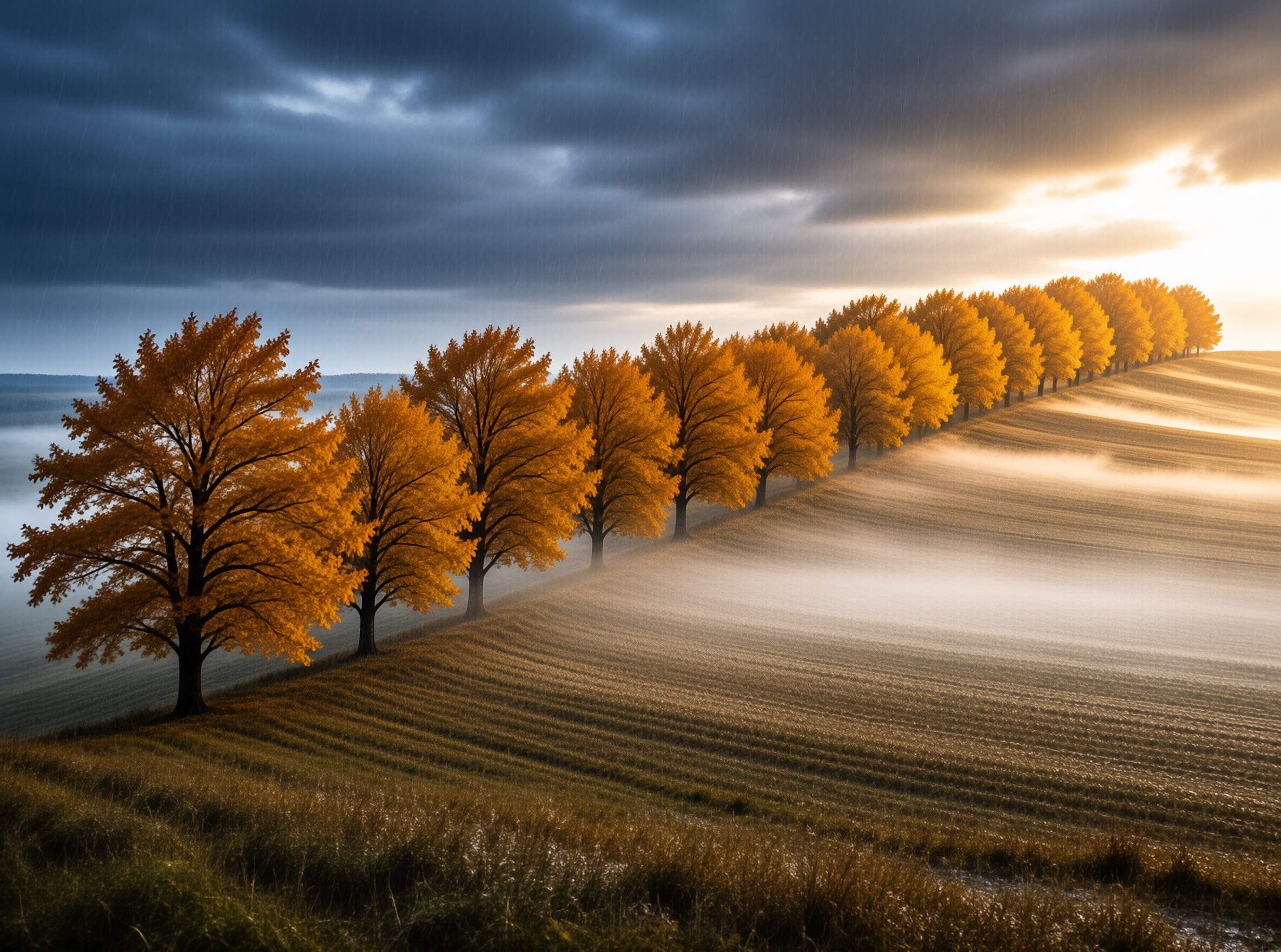 Golden Autumn Tree Row Landscape