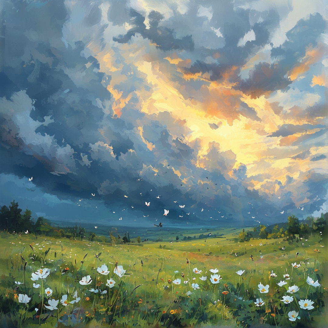 Painted scene of a grassy meadow with white flowers in front of a dramatic sky where golden light shines through clouds.