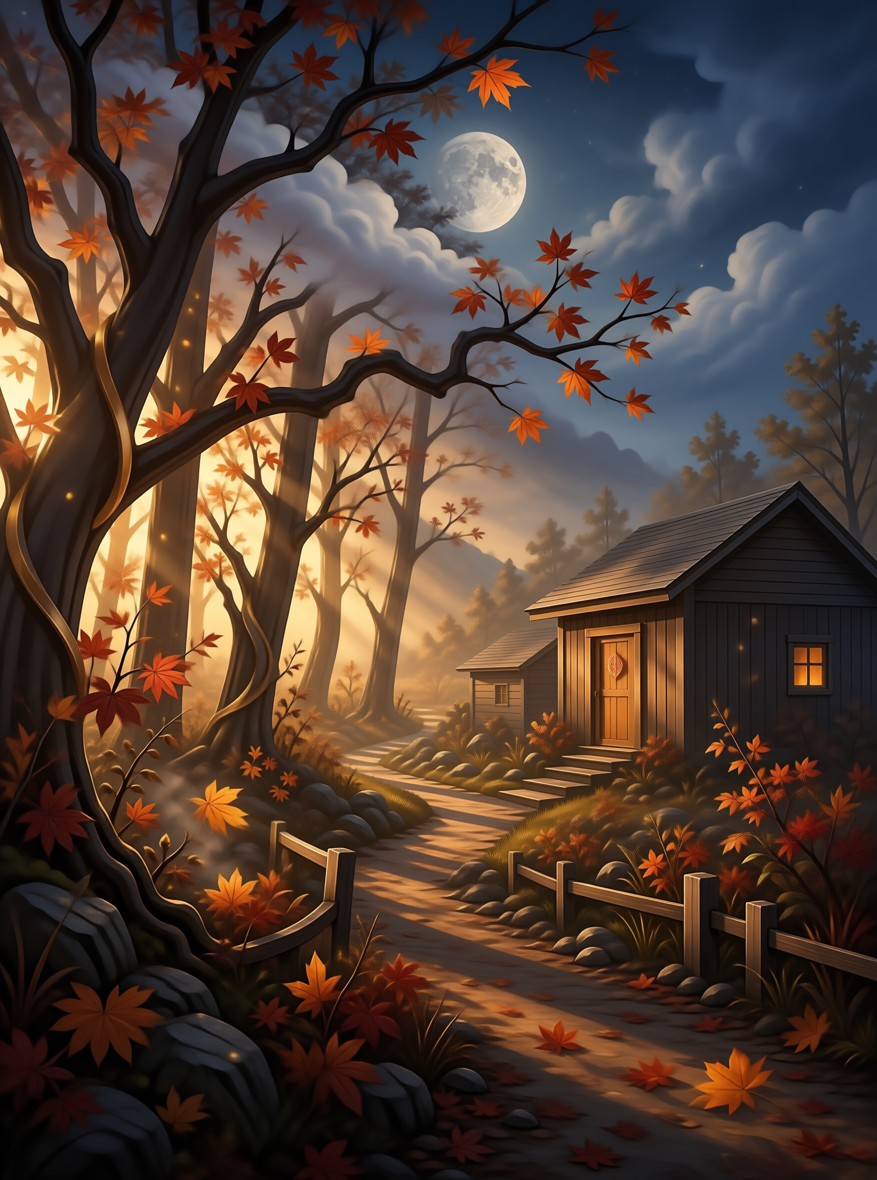 Moonlit Autumn Cabin Path