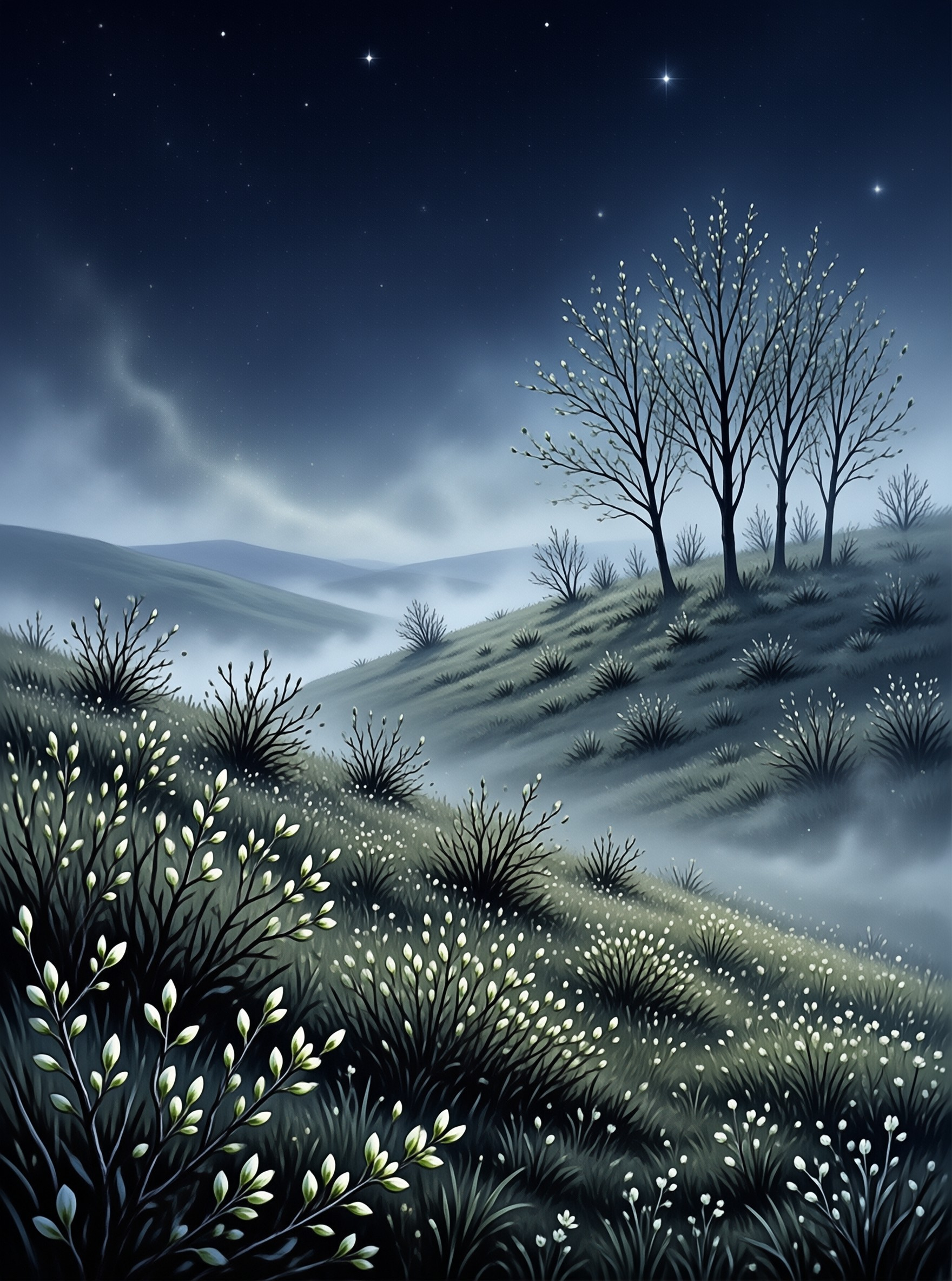 Starry Night Hillside Landscape