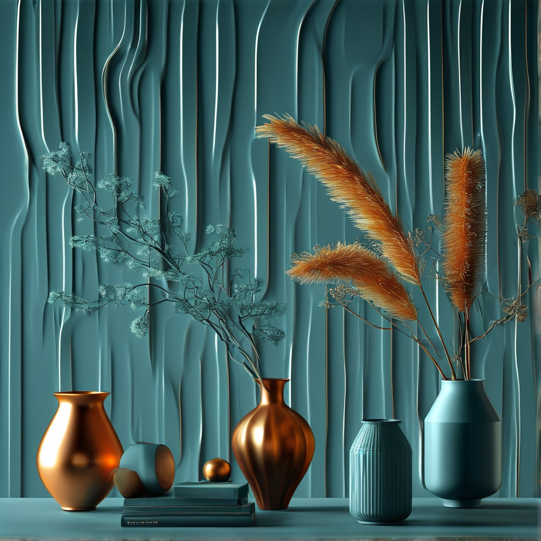 Bronze and teal vases hold dried pampas grass and blue branches against a ribbed teal wall with soft lighting.