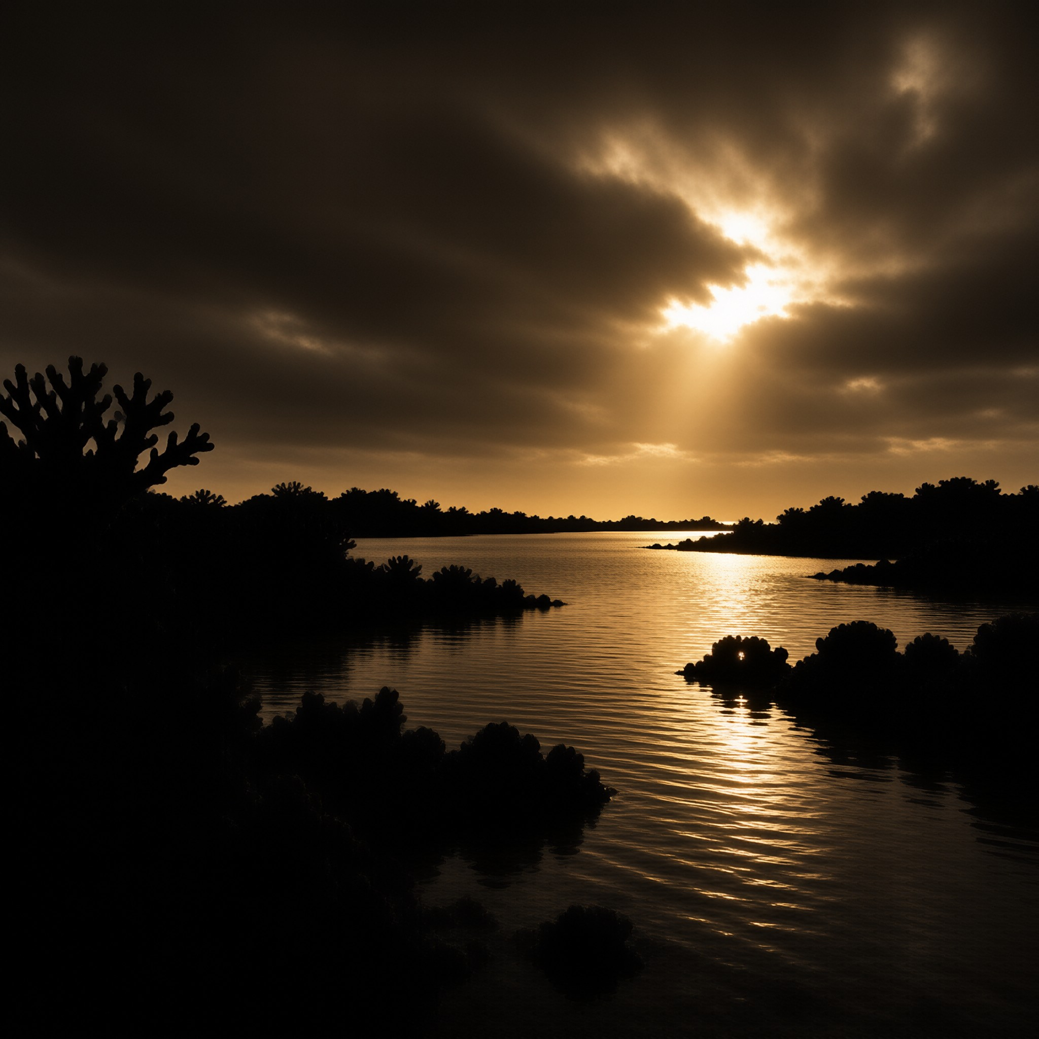Dark vegetation silhouettes stand against a golden sky where sunlight breaks through clouds onto the water.